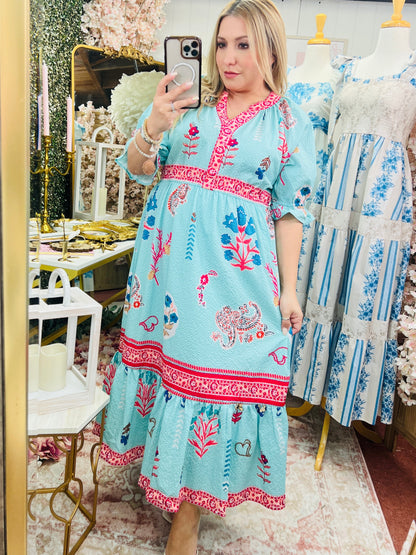 FLORAL COLLAGE PRINT V-NECK MIDI DRESS