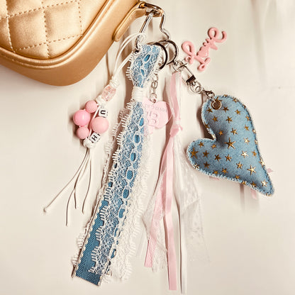 HANDMADE BAG CHARMS ~ DENIM HEART W/GOLD STARS ~