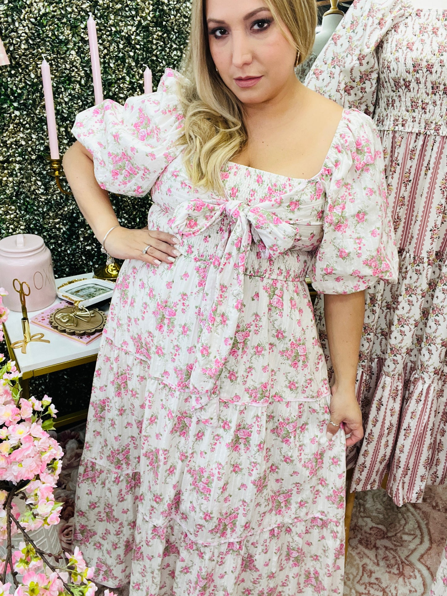 FLORAL PRINTED SMOCKING W/ BOW TIE MAXI DRESS
