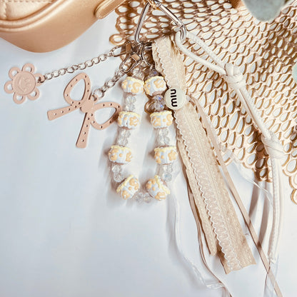 HANDMADE BAG CHARMS ~ BEIGE BOW/HAPPY FACE ~