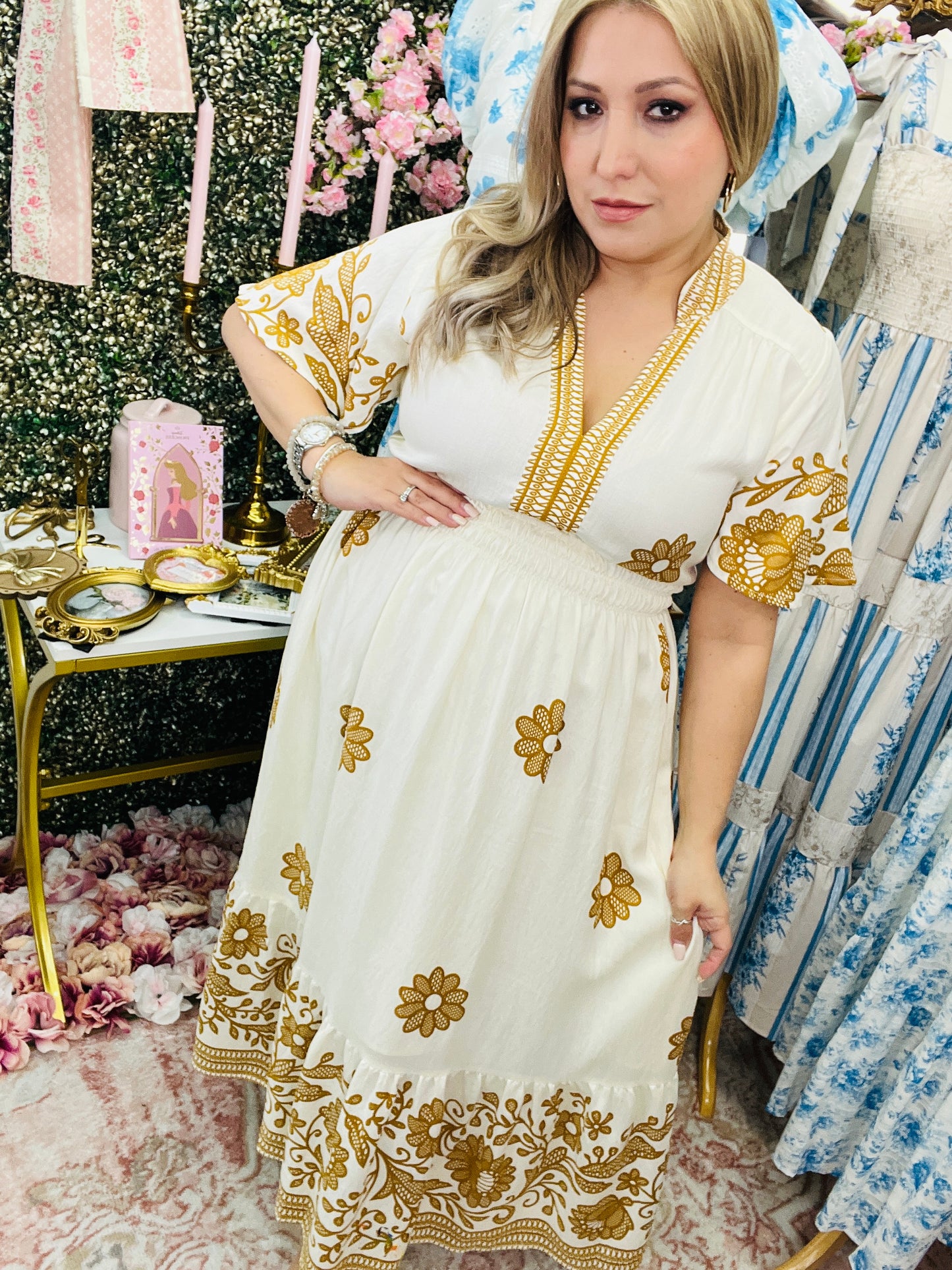 FLORAL BORDER PRINT MIDI DRESS - CREAM/TAUPE