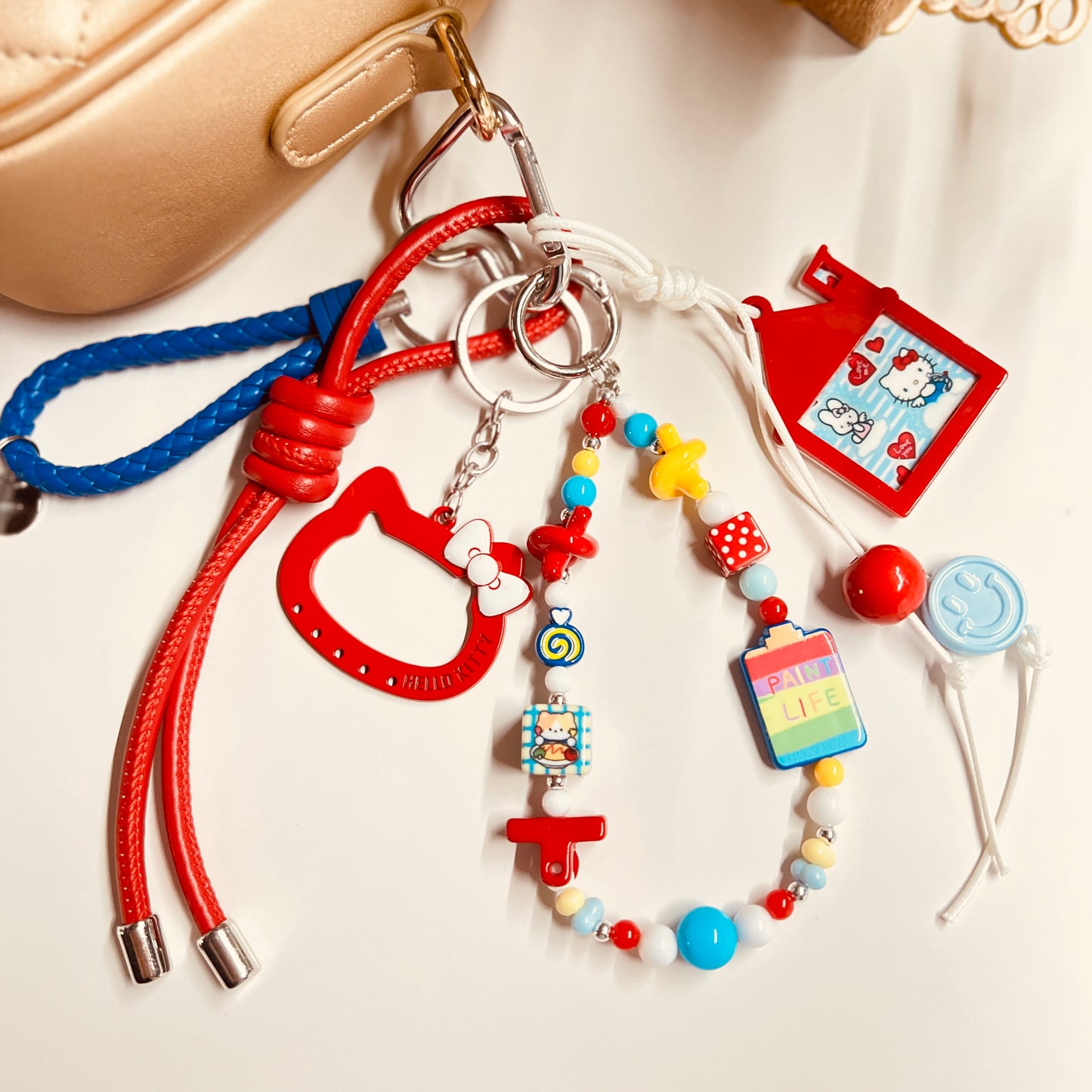 HANDMADE BAG CHARMS ~ RED HOUSE/KITTY FACE FRAME ~