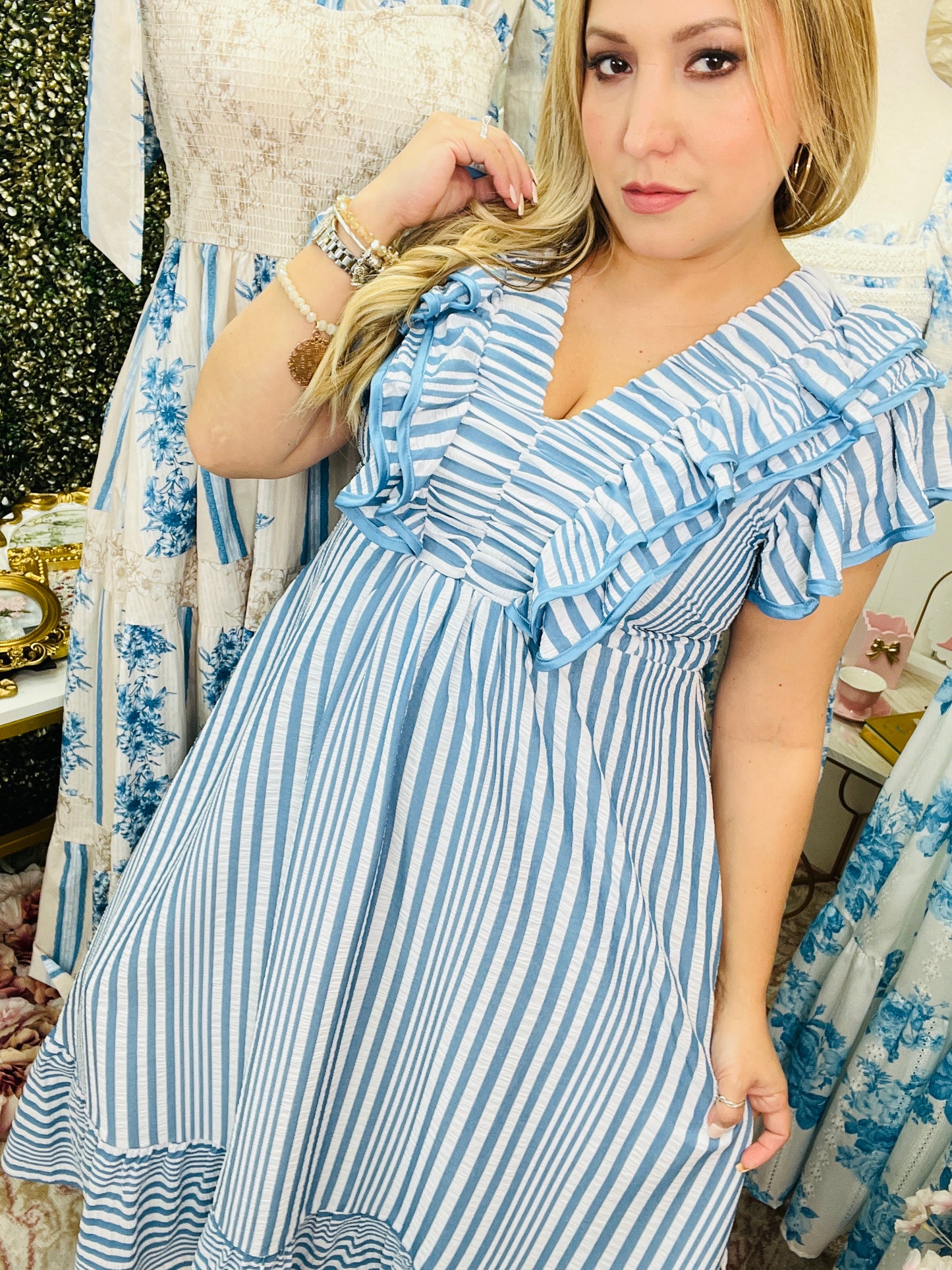 STRIPED RUFFLE MIDI DRESS