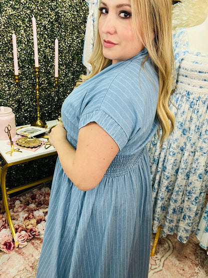 PINSTRIPE SMOCKED WAIST BUTTON-FRONT MIDI DRESS