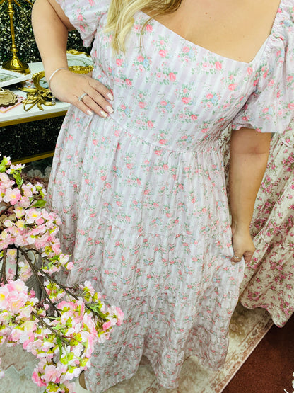 FLORAL PRINTED W/BOW BACK TIE DETAIL MIDI DRESS