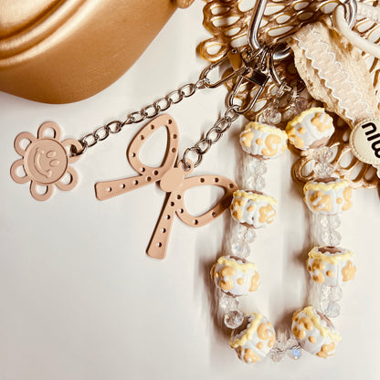 HANDMADE BAG CHARMS ~ BEIGE BOW/HAPPY FACE ~