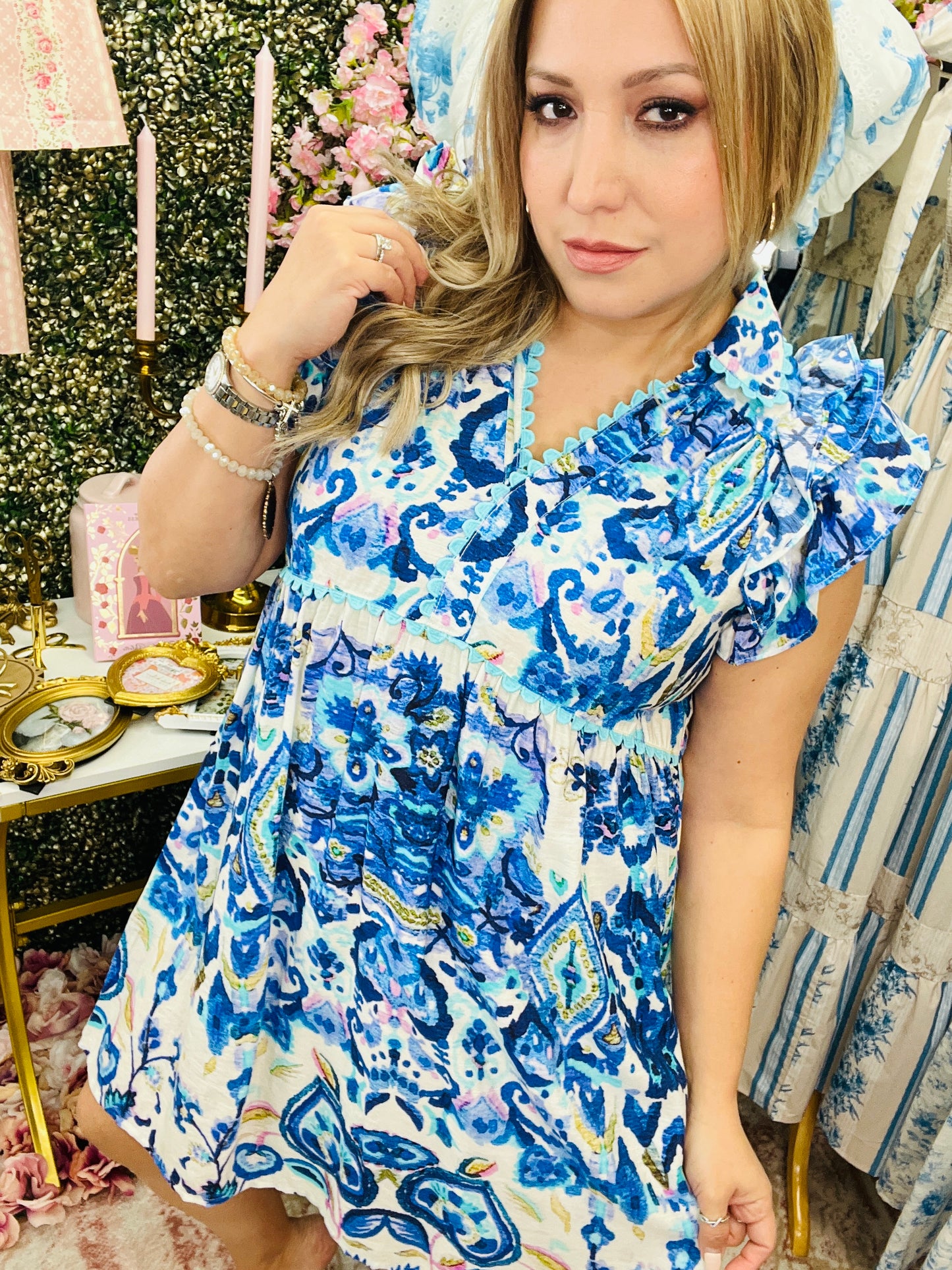 RUFFLE SLEEVE BOHO BABYDOLL DRESS - COBALT MIX