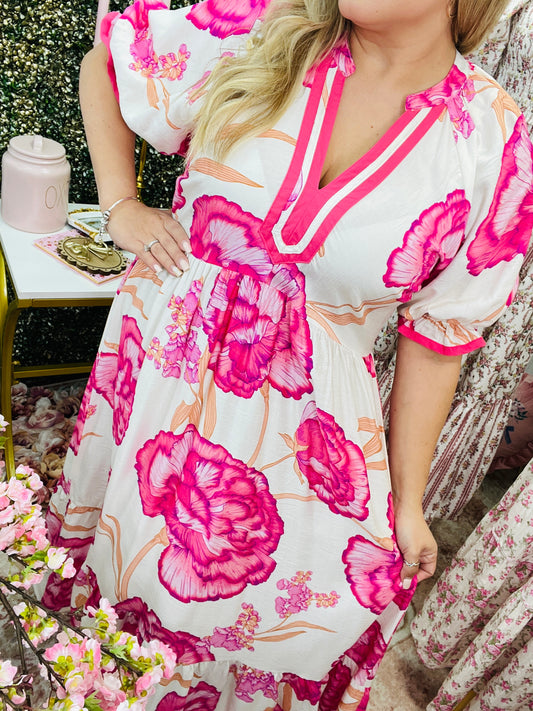 FLORAL PRINT MAXI DRESS WITH CONTRAST TRIM