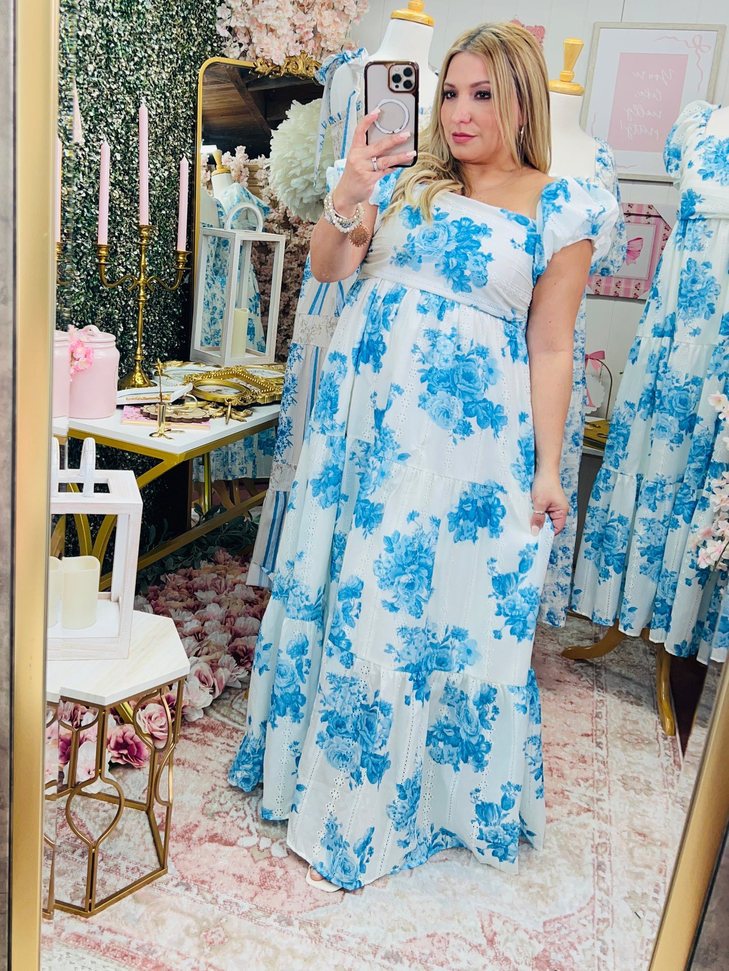 FLORAL PUFF SLEEVE W/ BACK SMOCKING MAXI DRESS ~ BLUE