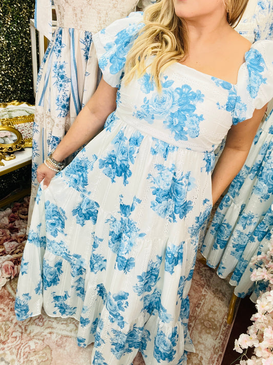 FLORAL PUFF SLEEVE W/ BACK SMOCKING MAXI DRESS ~ BLUE