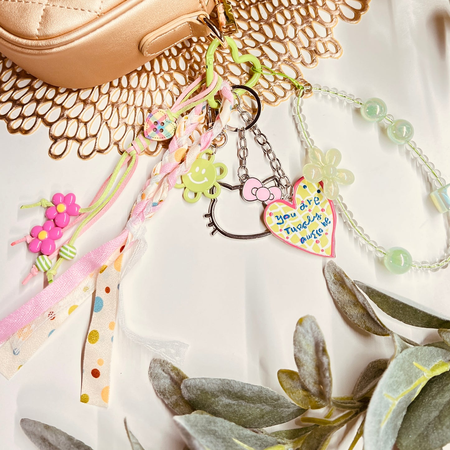 HANDMADE BAG CHARMS ~ PINK/LIME GREEN & HEARTS