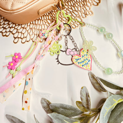 HANDMADE BAG CHARMS ~ PINK/LIME GREEN & HEARTS