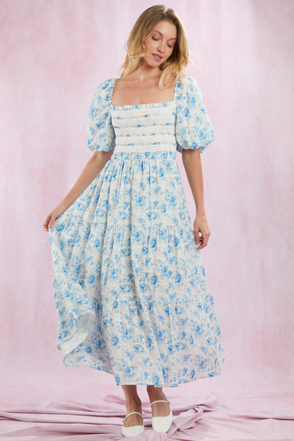 SMOCKED LACE TRIM PUFF SLEEVE MAXI DRESS