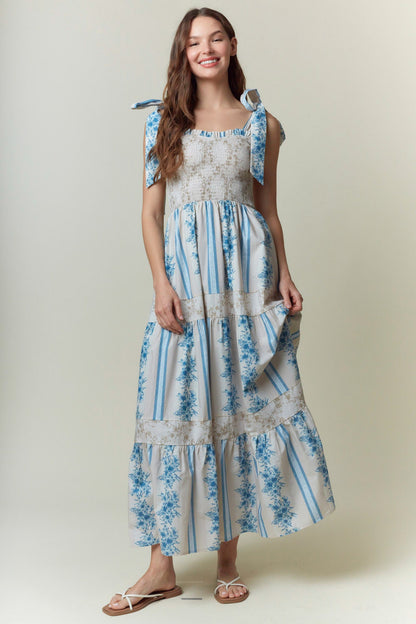 FLORAL PRINTED COTTON POPLIN SHOULDER MAXI DRESS
