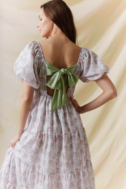 FLORAL PRINTED W/BOW BACK TIE DETAIL MIDI DRESS