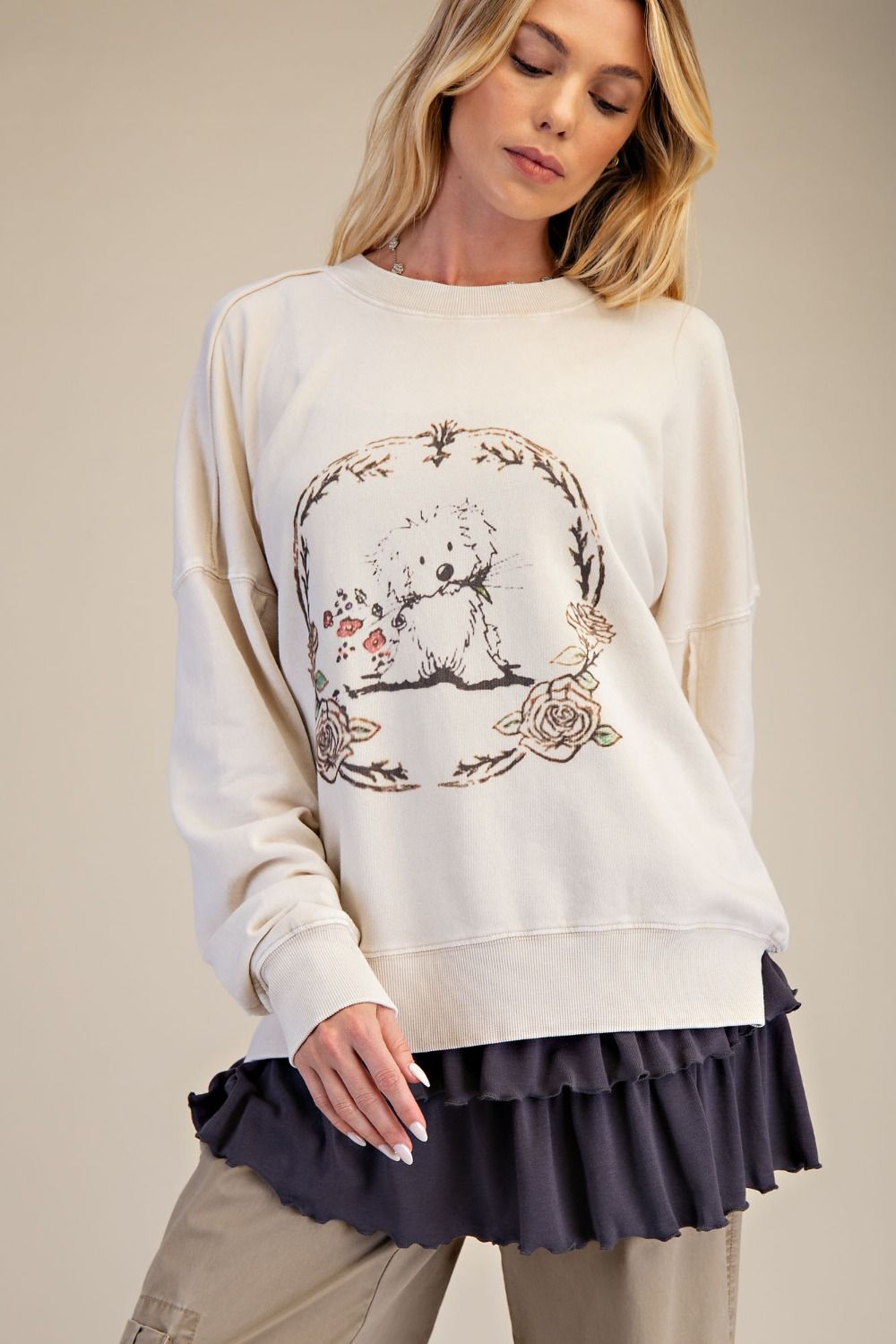 PUPPY GRAPHIC WASHED TERRY PULLOVER