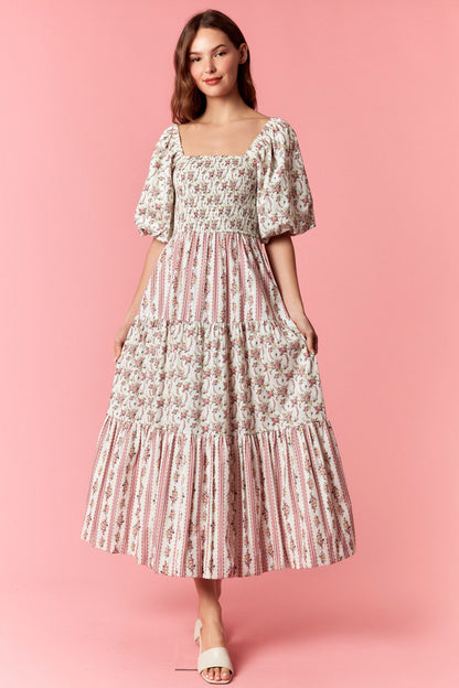 Floral Print Woven Bubble Sleeve with Smocking Top Tier Midi Dress